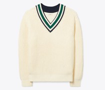 Tory Burch Cotton Ribbed Chevron V-Neck Sweater