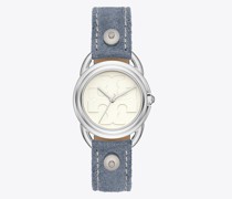 Tory Burch Miller Watch, Light Blue Suede/Silver-Tone Stainless Steel