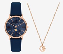 Multifunktions-armbanduhr mit Mondphase und Braunem Lederarmband und Halskette Aus Roséfarbenem Messing Im Set