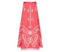 Red   Cotton Embroidered Midi Skirt