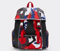 Rucksack aus Jacquard-stoff und Gummiertem Leder mit Cavallino Rampante-motiv Im Camouflage-stil Unisex Rosso Corsa