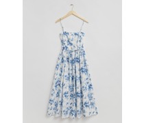 Voluminöses Midikleid mit Gürtel - Blau Weiß