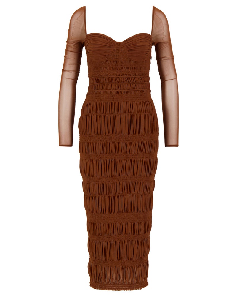 Self-Portrait Damen Kleid CARAMEL SHIRRED POWER MESH MIDI DRESS