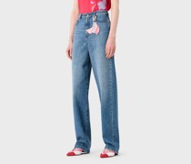 J4B Wide Leg Jeans mit hohem Bund aus Denim mit Used-Effekt und Blütenblatt-Schlüsselanhänger