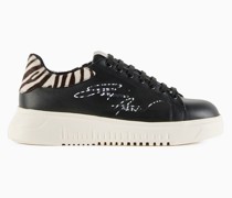 Sneaker Aus Leder mit Logoschriftzug und Rückseite In Ponyfell-optik