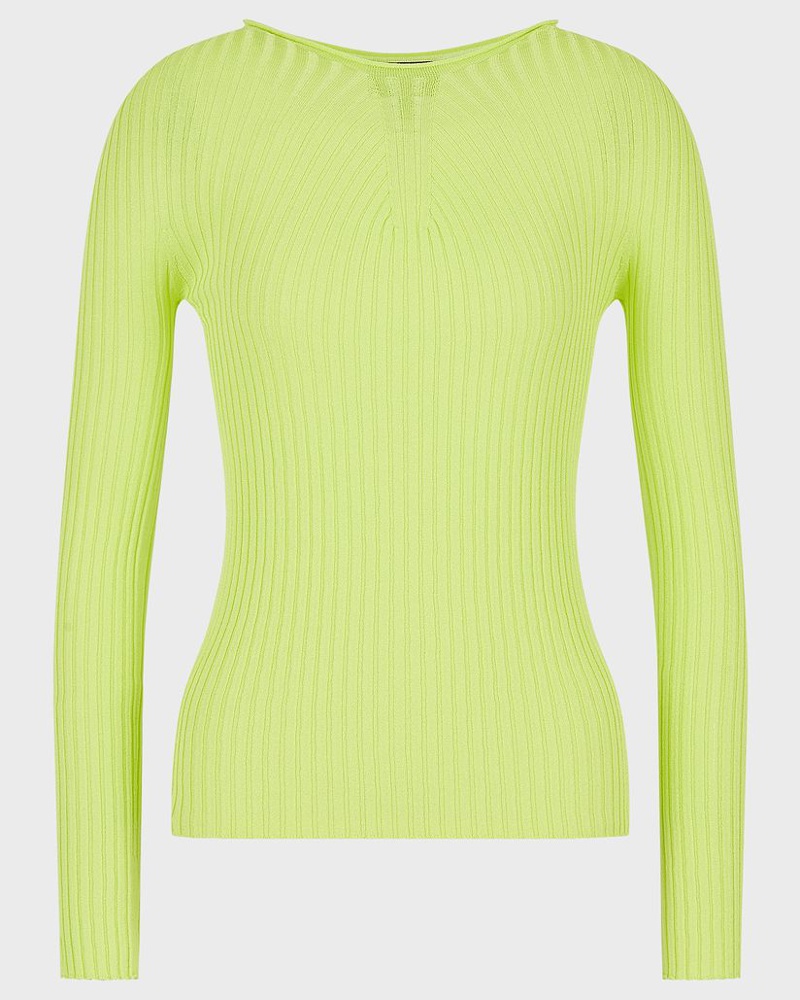 Emporio Armani Damen Nahtloser Rippstrickpullover mit gestreifter Passe aus Stretchgewebe Emporio Armani Damen Nahtloser Rippstrickpullover mit gestreifter Passe aus Stretchgewebe