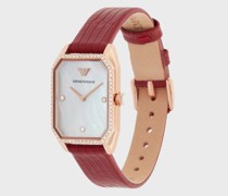Uhr mit zwei Zeigern und rotem Lederarmband