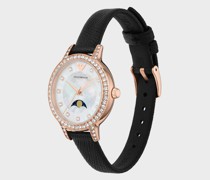 Schwarze Lederuhr mit Mondphasen-Anzeige