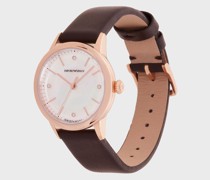 Quarzuhr Emporio Armani Swiss mit drei Zeigern und braunem Lederband