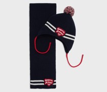 Set mit Bommelmütze und Schal Aus Einer Wollmischung mit Logo-patch Im College-stil
