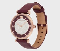 Herrenuhr aus bordeauxrotem Leder mit zwei Zeigern