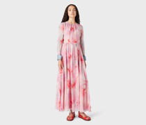 Langes Kleid aus Seiden-Chiffon mit Fantasie-Blumen-Print und Manschetten