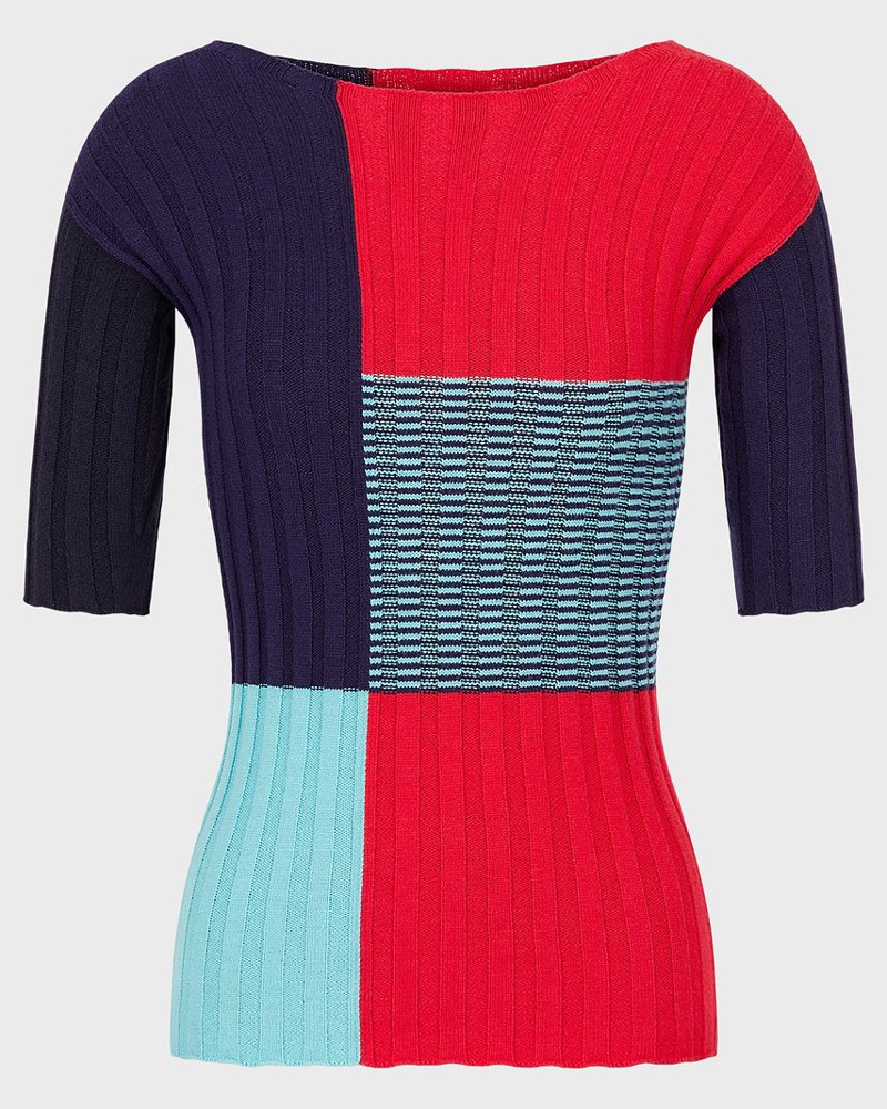 Emporio Armani Damen Kurzärmeliger Pullover aus Jacquard-Rippstrick-Jersey mit Farbblockeffekt