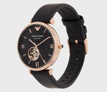 Automatikuhr mit Armband aus schwarzem Leder