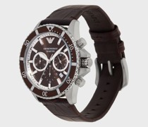 Chronographenuhr mit Armband aus braunem Leder