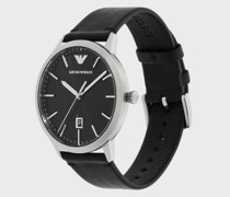 Set bestehend aus Dreizeiger-Uhr mit Datumsanzeige und Armband aus schwarzem Leder