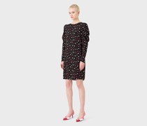 Kleid mit Puffärmeln aus scheckigem Jacquard-Stoff mit gebürstetem Allover-Print