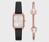 Uhr mit Zwei Zeigern aus Schwarzem Leder und Roségoldfarbenem Armband aus Leder