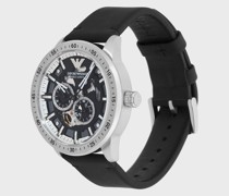 Automatikuhr mit Armband aus schwarzem Leder