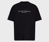T-shirt Aus Heavy Jersey mit Gesticktem Navy Blue Logo