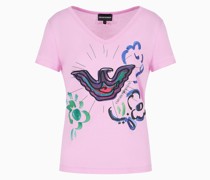 T-shirt mit V-ausschnitt aus Weichem Jersey aus Einer Modalmischung mit Adler-prints und Stickereien