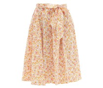 Java Pleated Floral-print Waist-tie Cotton Skirt