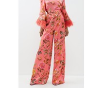 High-rise Rose-print Silk Wide-leg Trousers