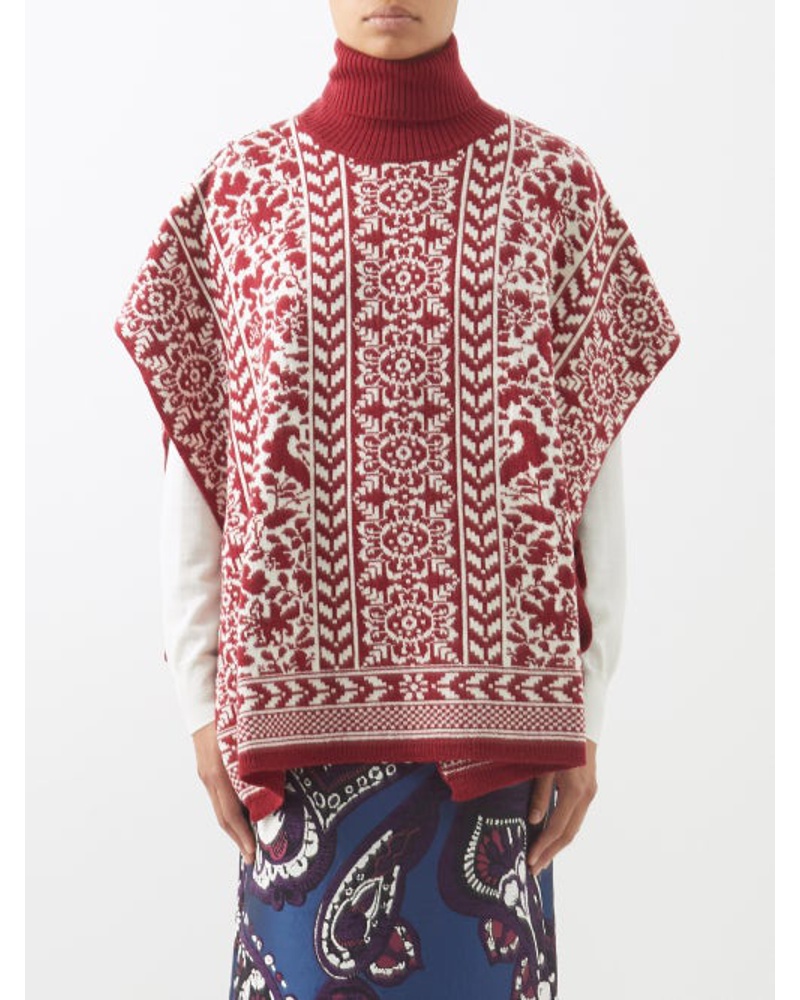 La DoubleJ Damen High-neck Floral-jacquard Wool Poncho