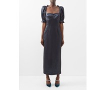Rachel D Puff-sleeve Lamé Midi Dress