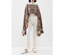 Fringed Geometric-jacquard Wool-blend Poncho