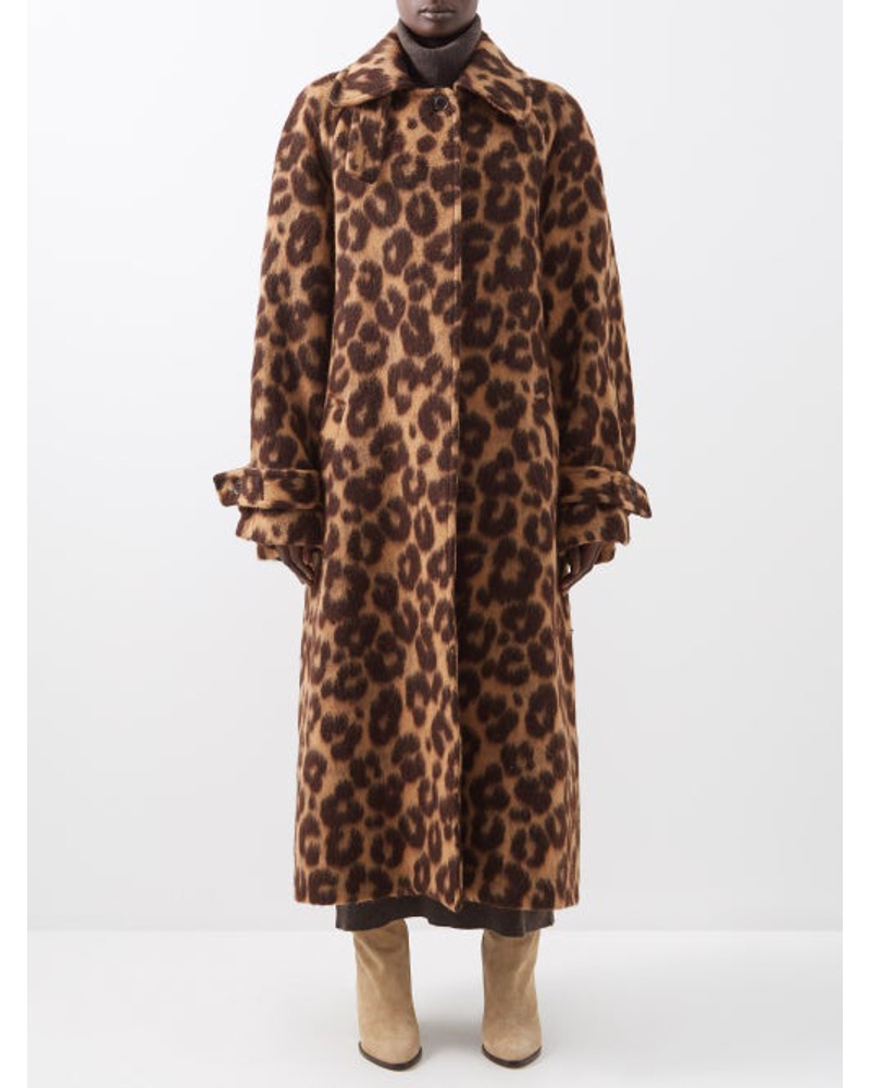 Raey Damen Leopard-print Belted Raglan-sleeve Wool-blend Coat