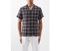 Cuban-collar Checked Linen Shirt