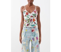 Tulip-embroidered Sequinned Cami Top