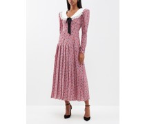 Lace-collar Printed-silk Midi Dress