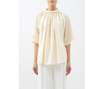 Gathered-neck Draped Silk-satin Blouse