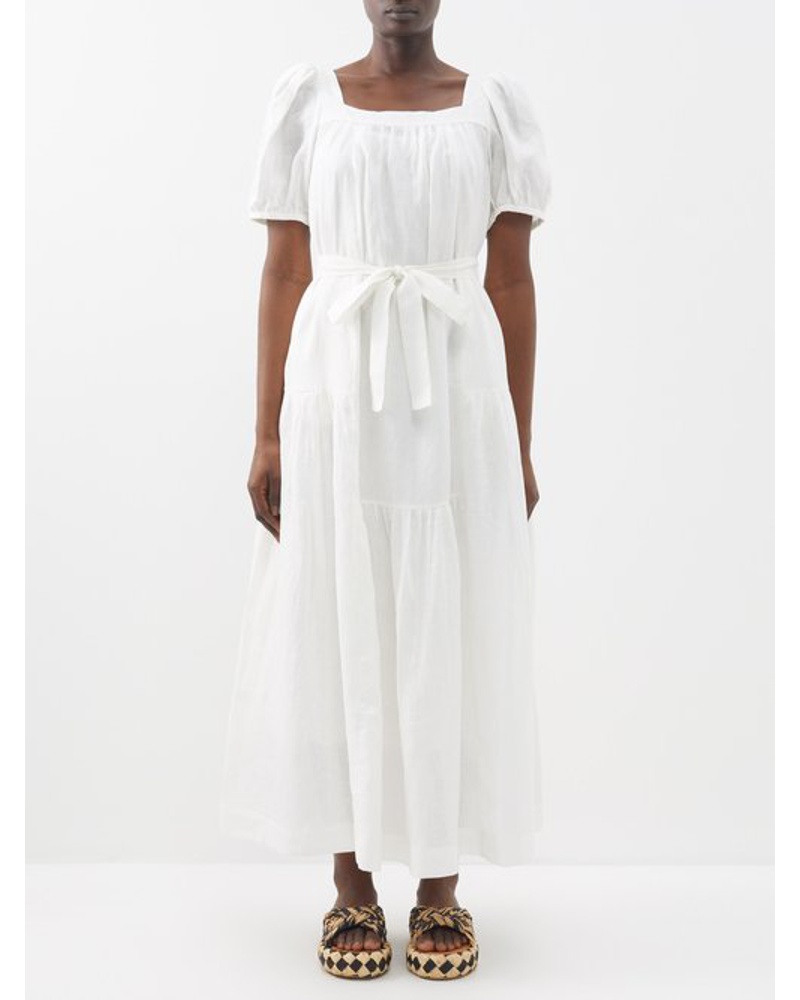 Saloni Damen Yashi Belted Gathered Linen Midi Dress