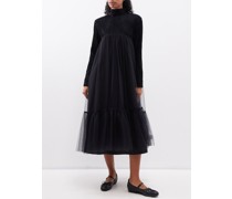 Wave-tweed Tulle-skirt Midi Dress