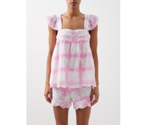 Dye-check Ruffle-sleeve Cotton Top