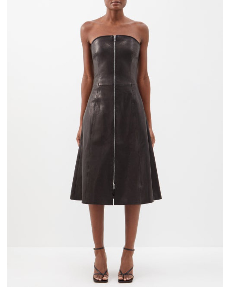 KHAITE Damen Valerie Zip-front Strapless Leather Midi Dress KHAITE Damen Valerie Zip-front Strapless Leather Midi Dress
