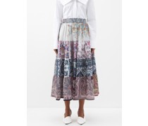 Patchwork Tiered Vintage-silk Midi Skirt