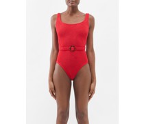 Solitaire Belted Crinkle-knit Swimsuit
