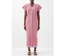Zigzag-embroidered Striped Cotton Kaftan Dress