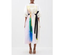Dupion Abstract-print Tie-waist Silk Dress