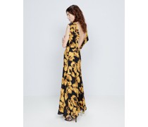 Gold Iris-print Open Back Silk Dress