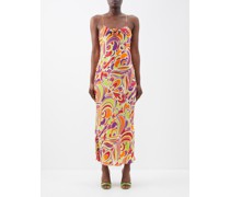 Rose-brooch Abstract-print Crepe Slip Dress