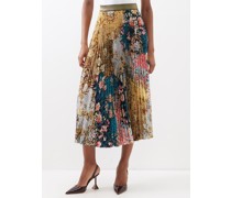 Floral-print Pleated-crepe De Chine Midi Skirt