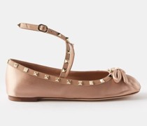 Rockstud Leather-trim Satin Ballet Flats