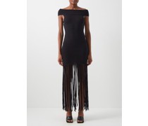 Off-the-shoulder Fringed Wool Dress