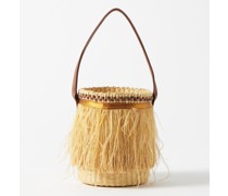 Feather-trim Raffia Bucket Bag