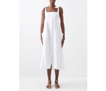 Tie-shoulder Floral-embroidered Cotton Midi Dress